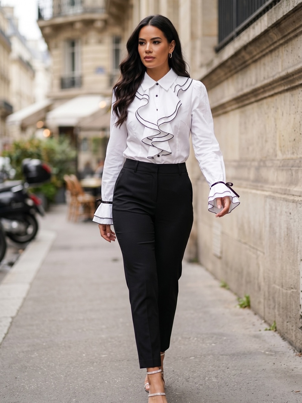 SHEIN White Ruffle Button-Down Blouse with Black Trim - Picture 2 of 11